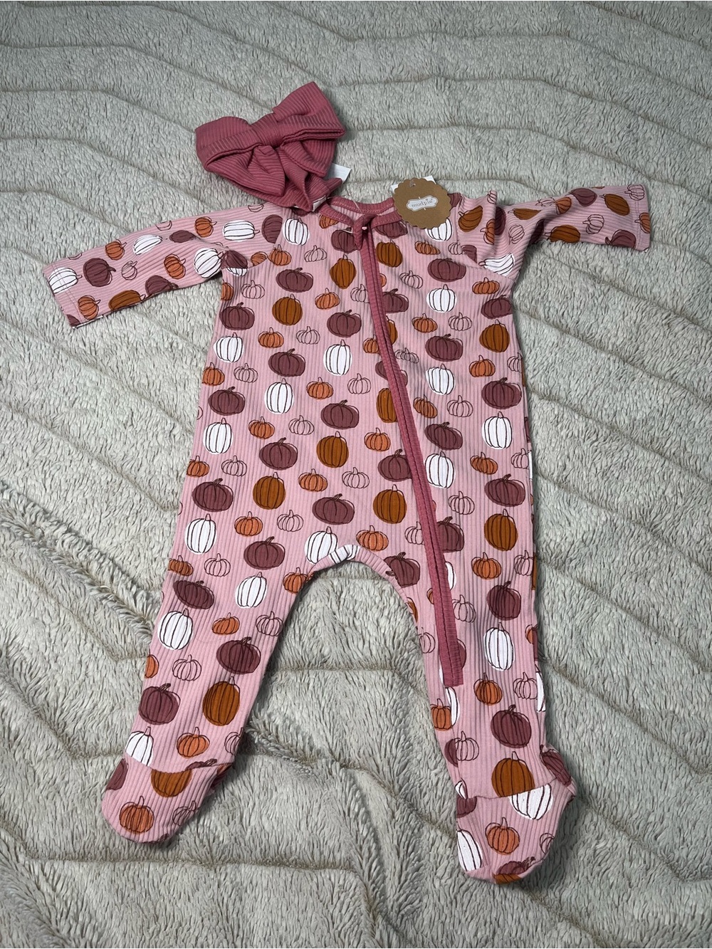 NWT Mud Pie Baby Girls Pink Pumpkin Footie Sleeper & Headband Set 0-3M Fall